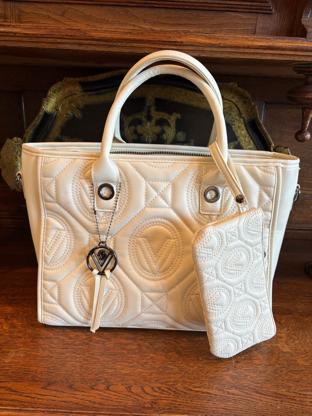 Valentino Orlandi Quilted Sachel Bag / Matching Pouch Cream Tone